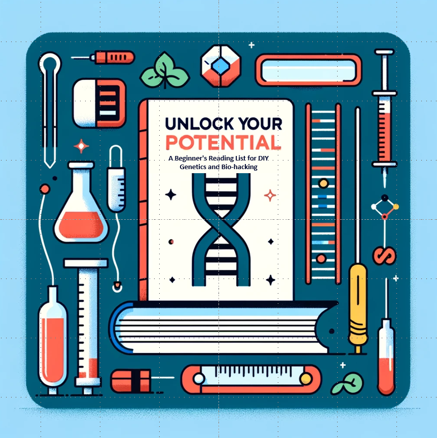 DALL·E 2024-03-17 14.17.58 - Produce a simplified image for the blog post 'Unlock Your Potential_ A Beginner's Reading List for DIY Genetics and Biohacking